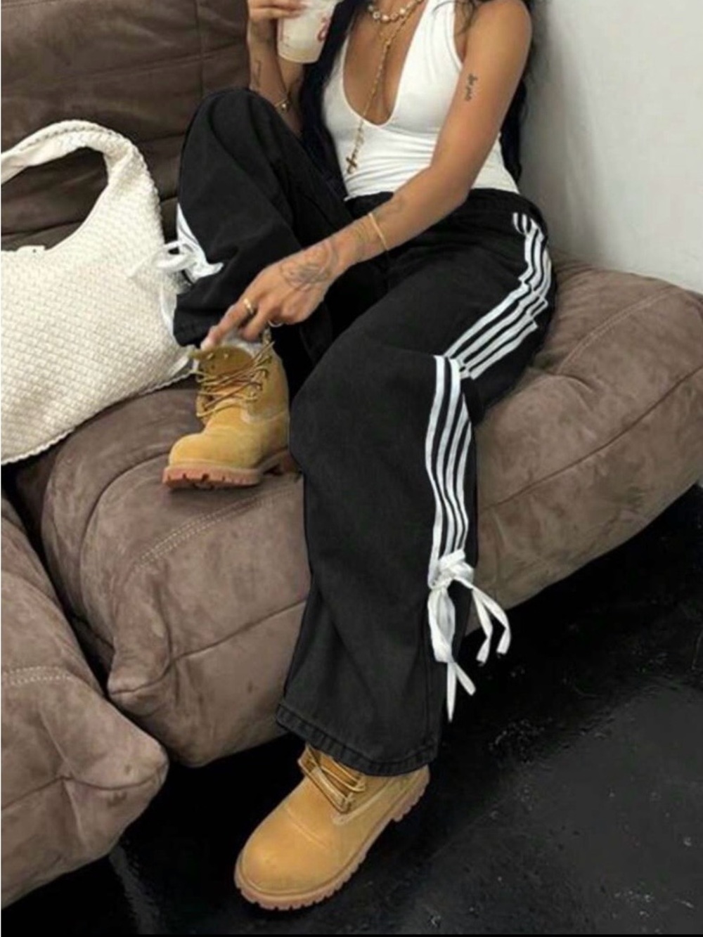 Dark Black Streetwear Jeans with White Side Stripes and Ties 🖤🤍